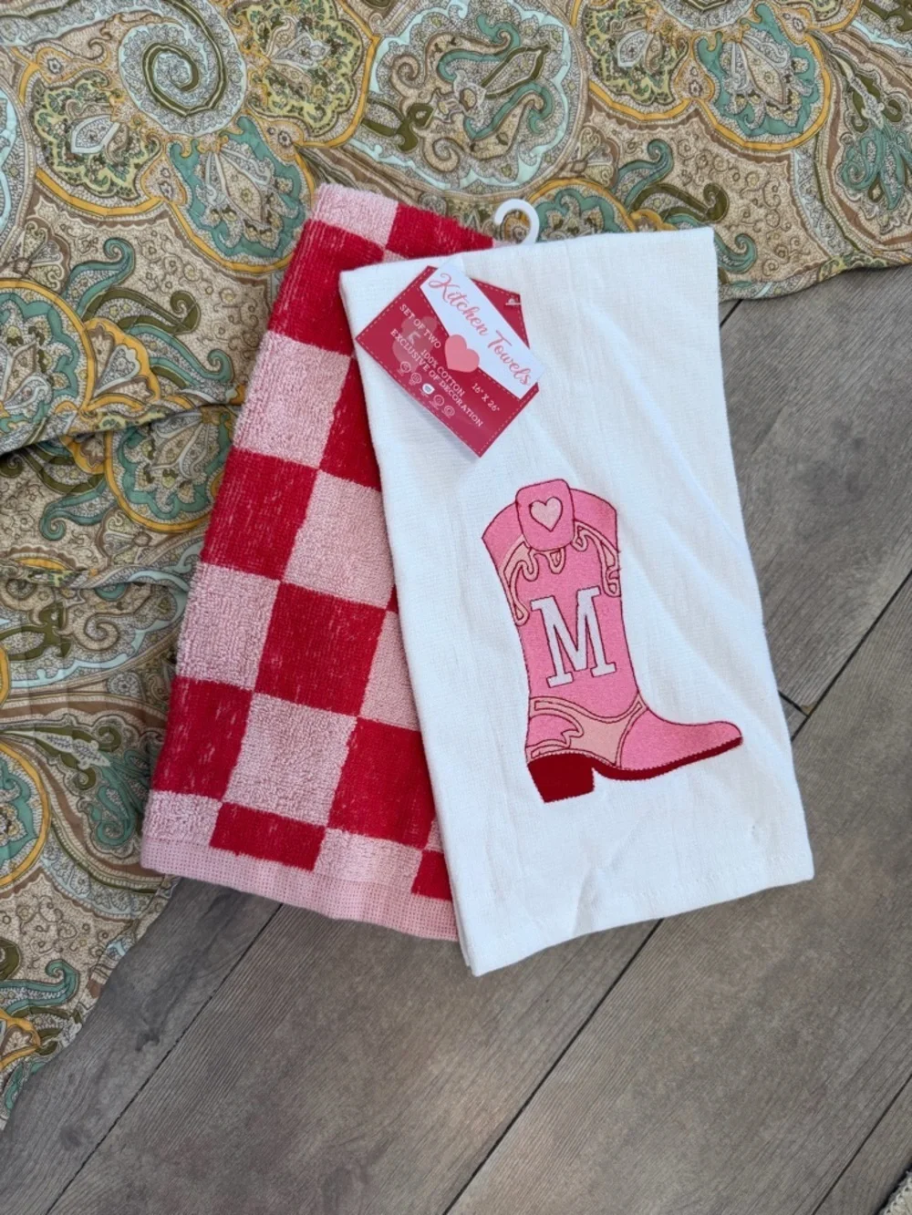 New Boutique Western Kitchen Towel Set ‘M’ Monogram Cowboy Boot/Checkered Cotton